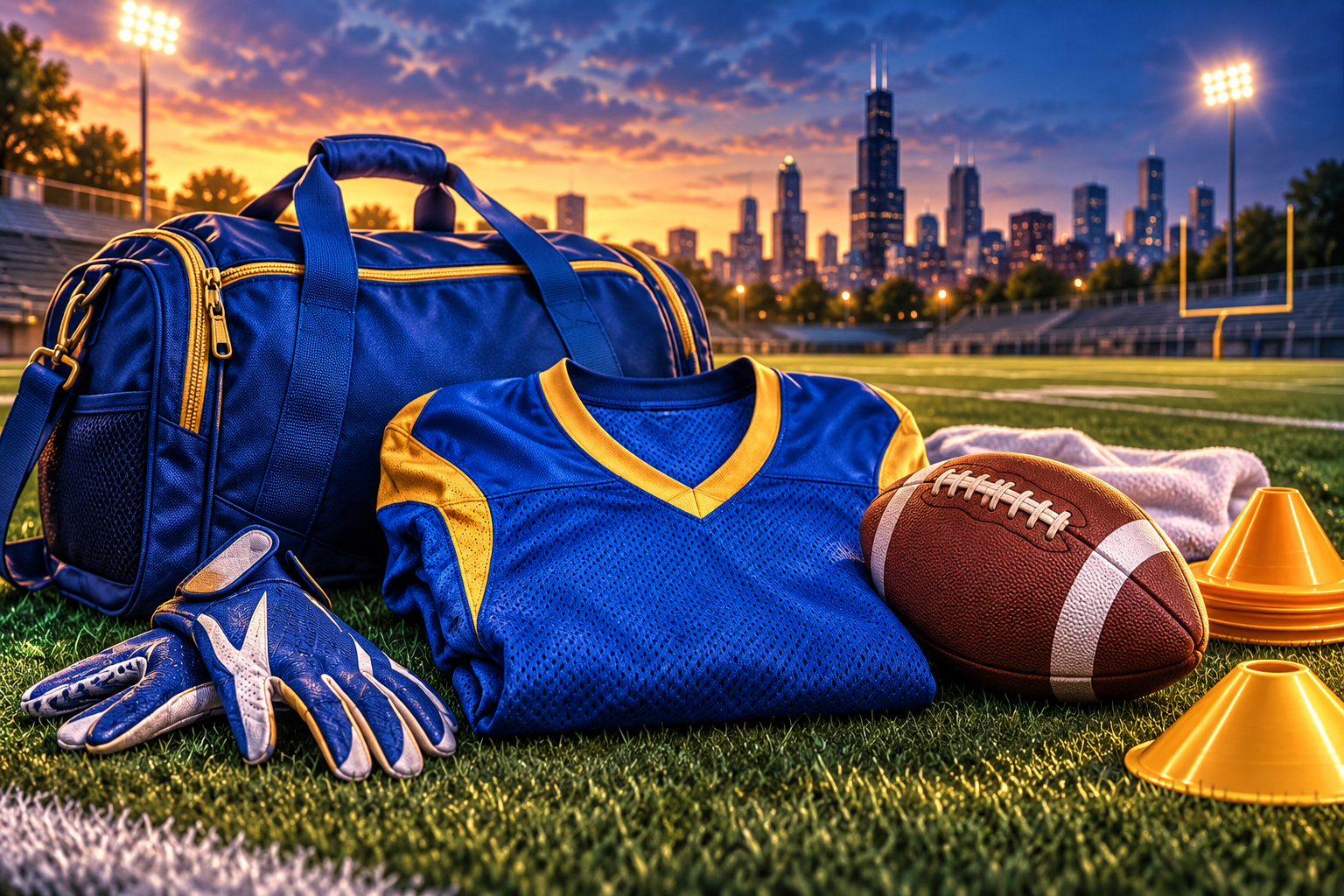 Original illustration of blue and gold team gear, a football, catching gloves and training cones