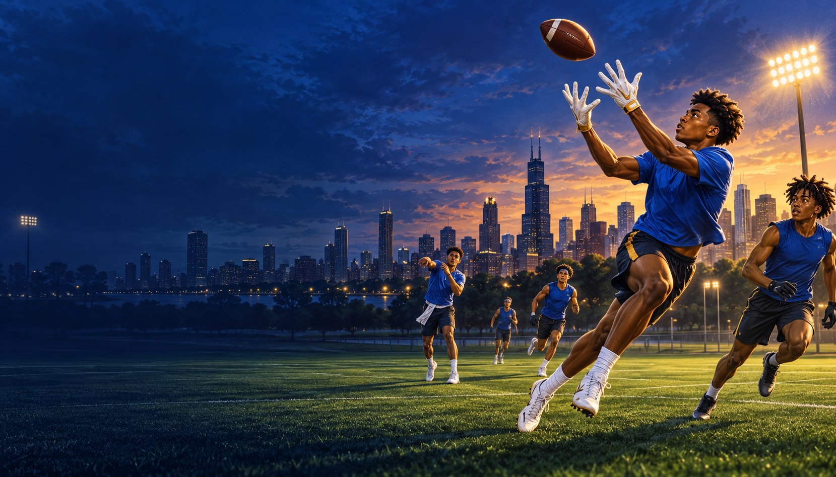 Original illustration of a football receiver and teammates in royal blue and gold